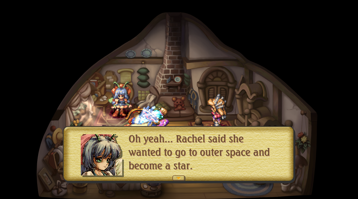 A screenshot from Legend of Mana, with a character saying, "Oh yeah... Rachel said she wanted to go to outer space and become a star."