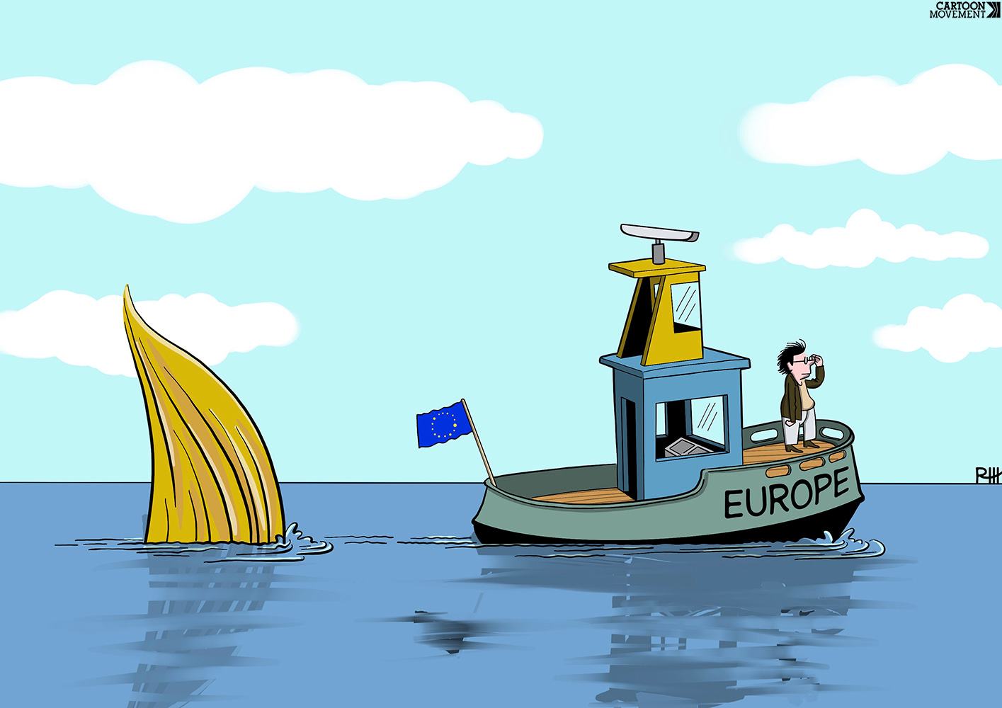 Cartoon showing a boat named ‘Europe’; on the back stands a man with binoculars, looking out over the sea. Behind him, a large shark fin made up of yellow hair is heading for the boat.