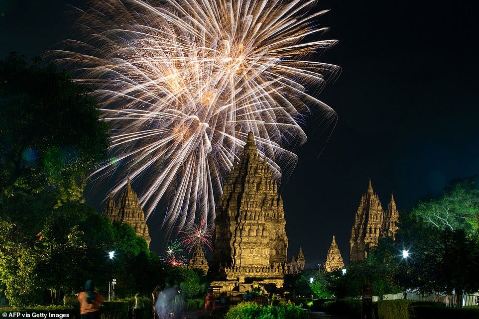 YOGYAKARTA: Fireworks light up above Prambanan Temple, a 9th-century Hindu temple complex and UNESCO World Heritage Site, in Yogyakarta on January 1, 2024