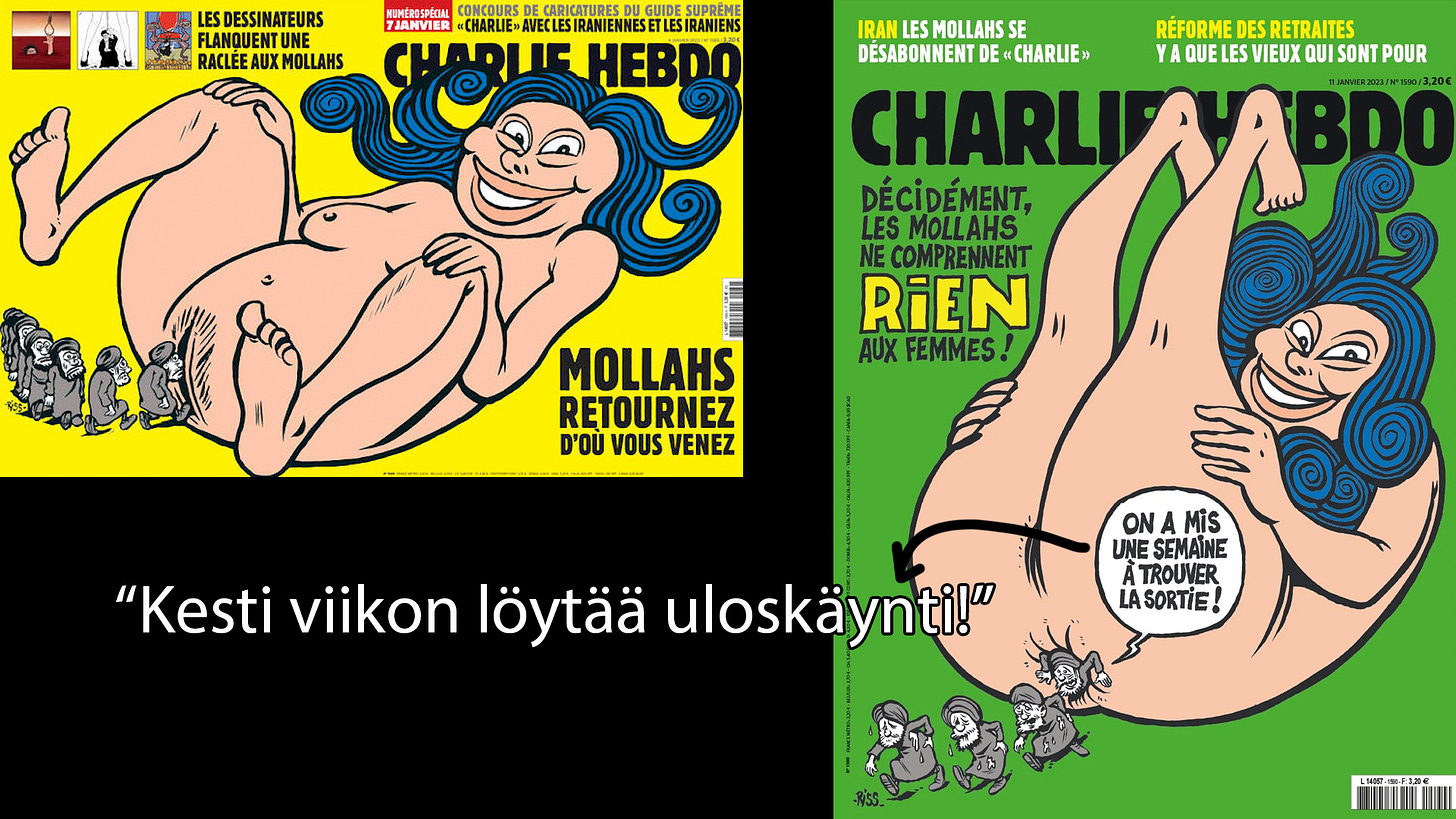 4.1 julkaistu kansikuva (vasen) ja 11.1 julkaistu kansikuva (oikea). Kuvat: Charlie Hebdo.