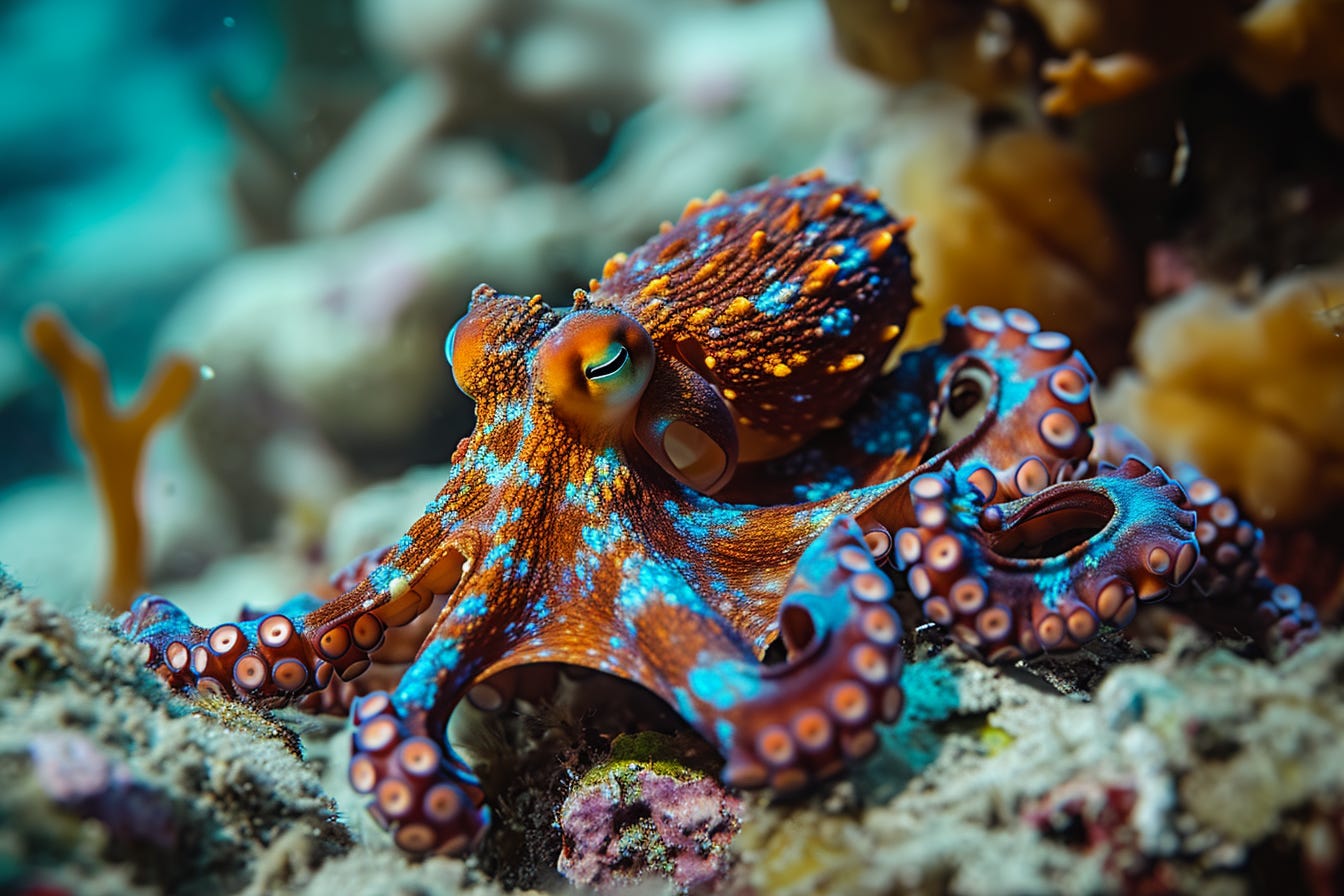 Midjourney V6 Underwater photo of a colorful octopus