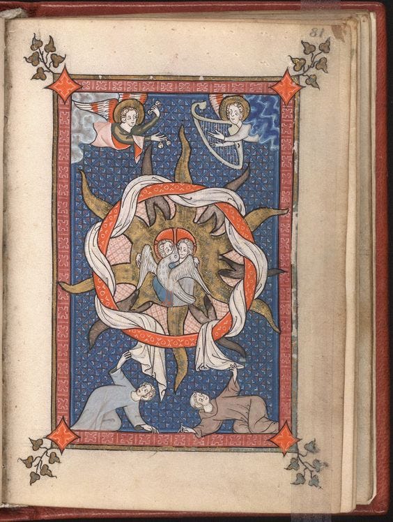 This may contain: an illuminated manuscript with the image of jesus surrounded by angels