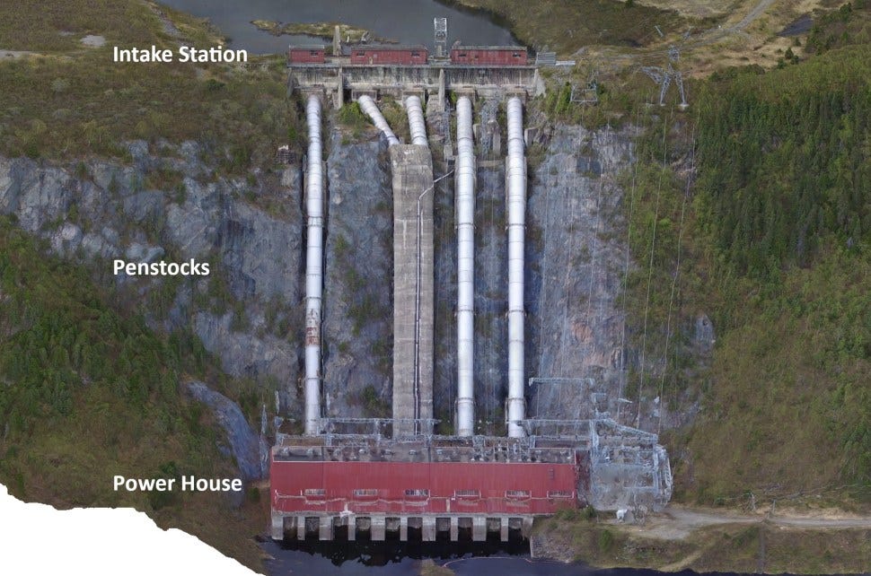 Drone image composite of the Twin Falls hydroelectric dam.