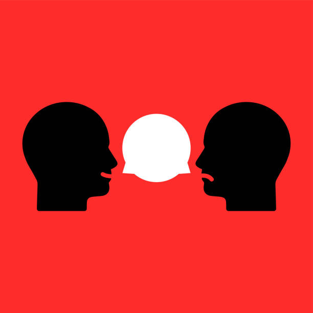 complicated conversation between two people. concept of hard communication with person and angry insult or difficult debate. flat cartoon style trend graphic art design isolated on red background complicated conversation between two people. concept of hard communication with person and angry insult or difficult debate. flat cartoon style trend graphic art design isolated on red background two people talking silhouette stock illustrations
