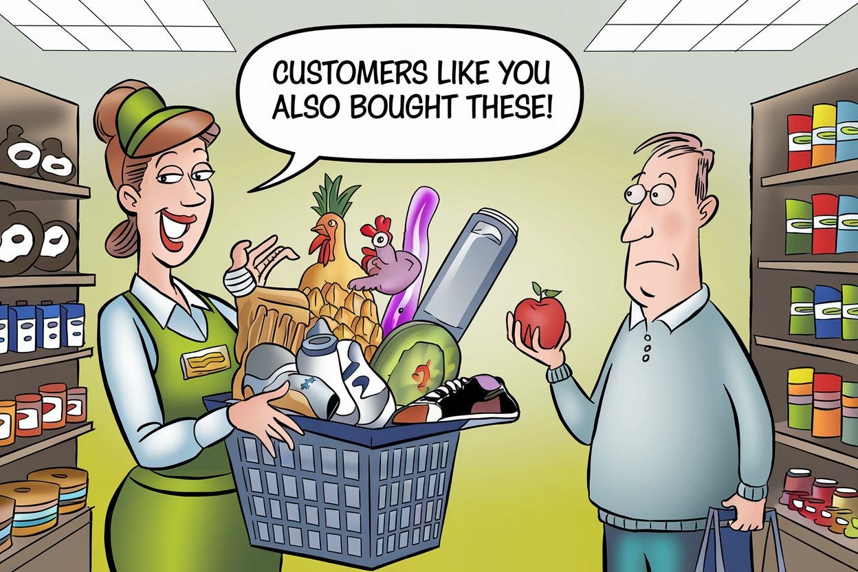 Cartoon illustration: A cheerful female shop attendant in a supermarket says: “Customers like you also bought these!” She is holding a shopping basket overflowing with random items like a rubber chicken, a pineapple, a can of paint, a glow stick, and a single shoe. Next to her, a confused male customer is holding a single apple.