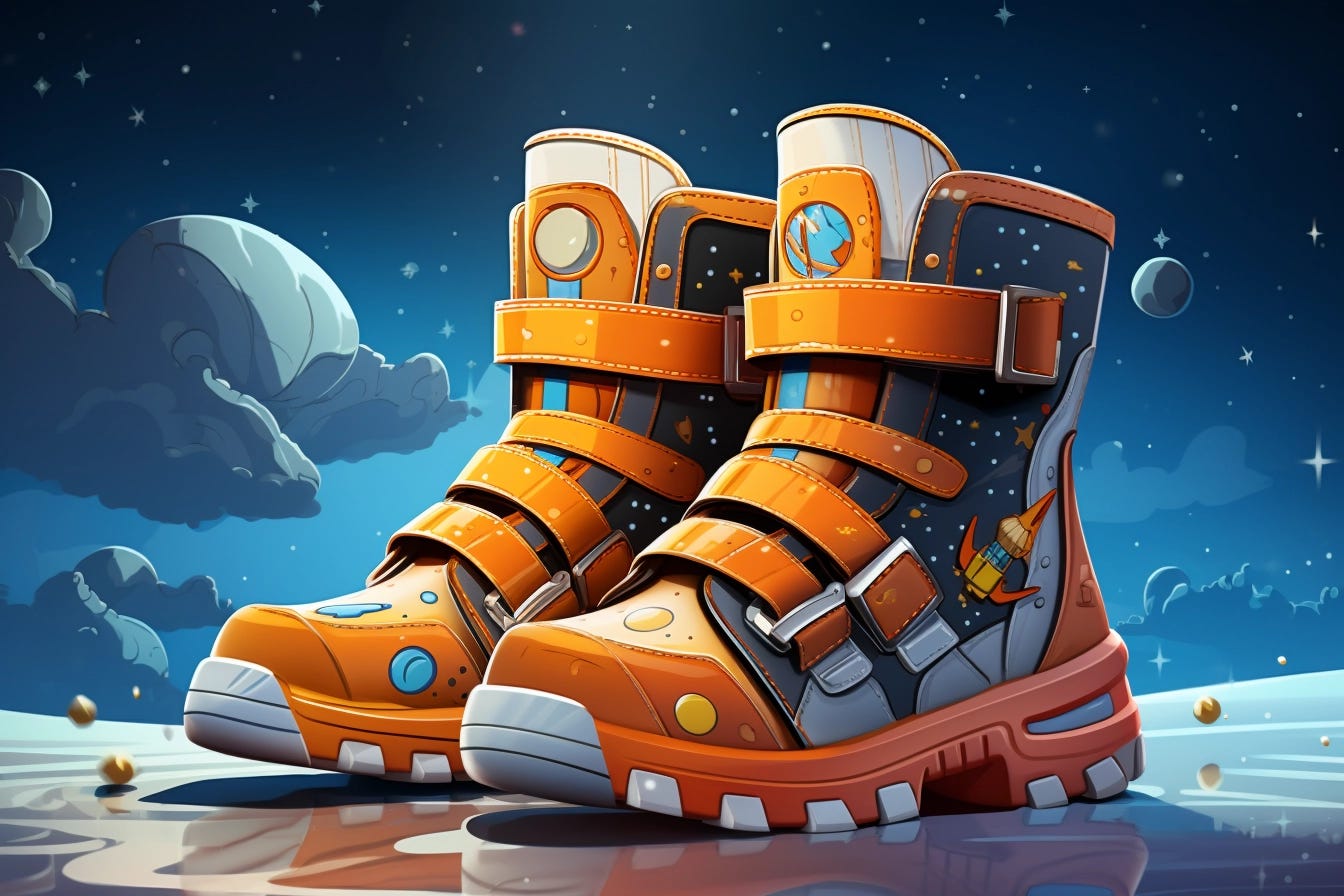 An illustration of kids space boots on ice with the sky in the background.