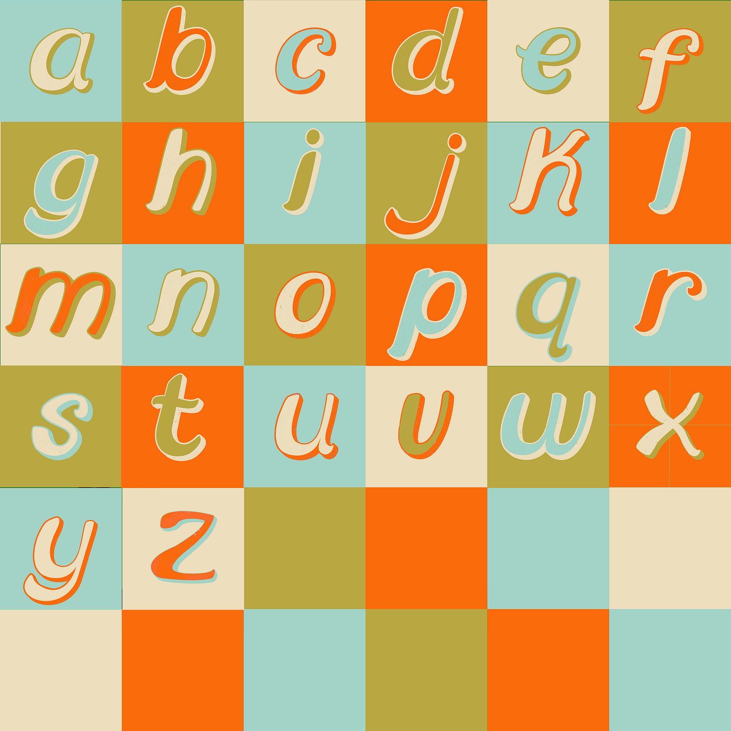 Image shows the font that Emma created during this time. It's a hand-drawn style, all lower case. Each letter is on coloured square. The colours used are a bright orange, an olive green, an aqua blue and a muddy white. Image shows the font that Emma created during this time. It's a hand-drawn style, all lower case. Each letter is on coloured square. The colours used are a bright orange, an olive green, an aqua blue and a muddy white.