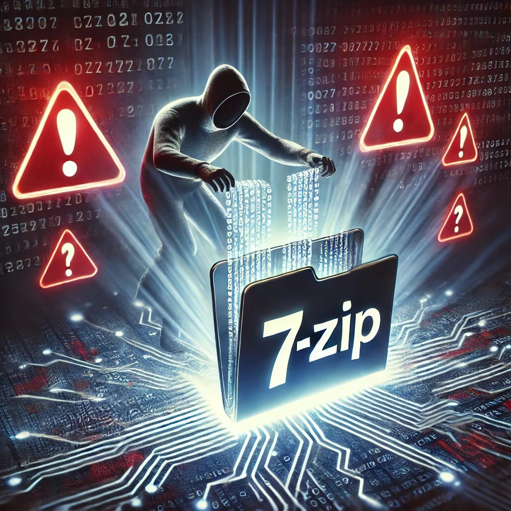 A high-resolution conceptual image showing a glowing 7-Zip icon being cracked open, with digital streams representing vulnerability leaks. The background includes a shadowy figure symbolizing the leaker and red warning symbols indicating danger.