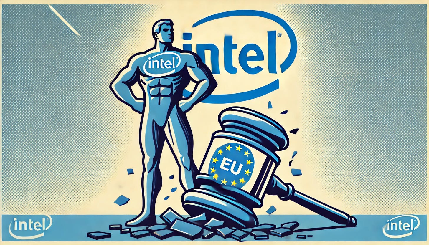 A simplified pop-art style illustration of Intel emerging victorious in a legal battle against the EU. The image features a large Intel logo standing confidently on one side, with a broken EU legal gavel on the ground. The background is clean and minimal with simple colors, avoiding clutter while focusing on the central theme of Intel’s victory.