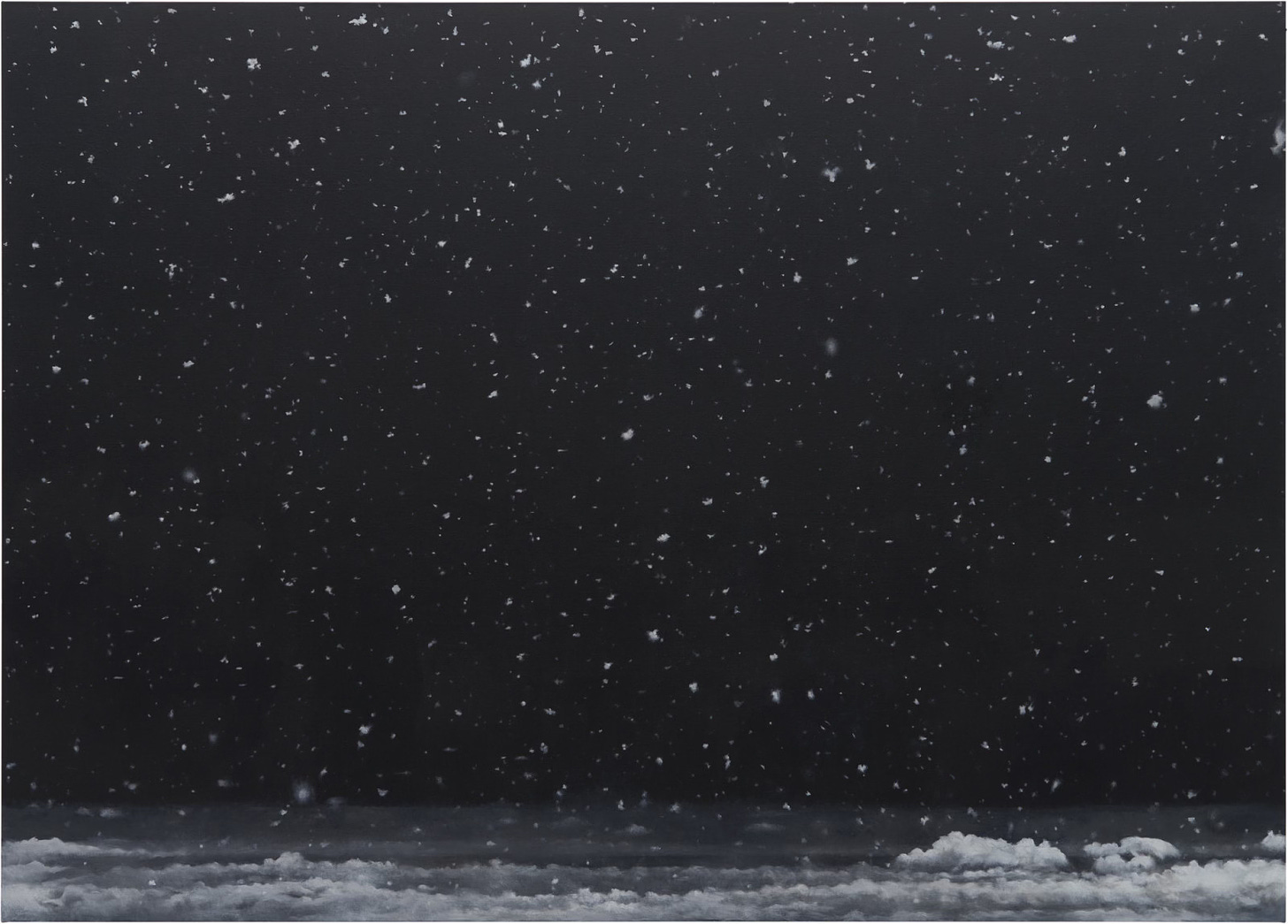 The painting Snowfall #3 by Vija Celmins. A field of black dotted all over with white specks. At the bottom of the painting are the white breakers of waves rolling up on a beach. 
