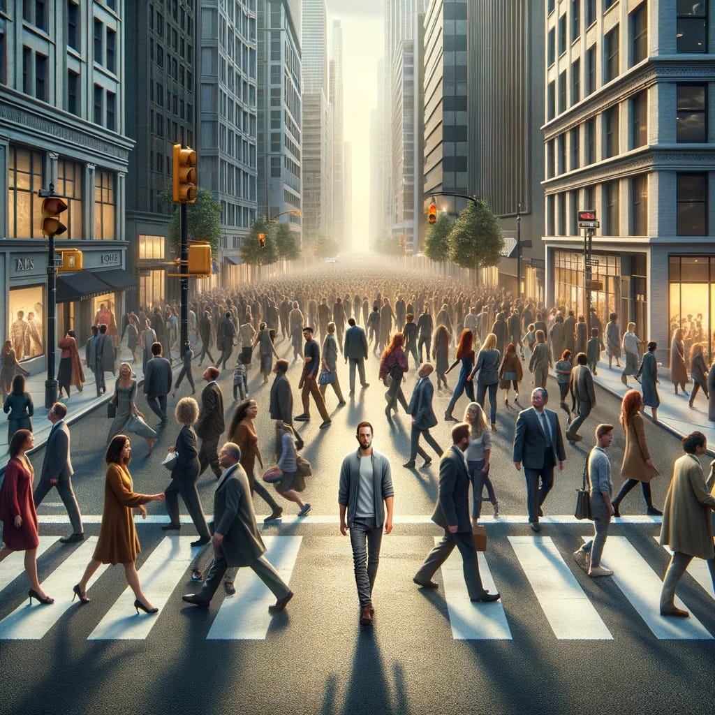 A photo-realistic image representing the theme 'Few Follow Jesus' in a less traditional, more contemporary setting. The scene features a bustling city street filled with people going about their daily lives, busy and distracted. Among the crowd, there is one distinct figure walking in the opposite direction of everyone else, symbolizing an individual choosing to follow a different path. This figure is dressed in modern, casual attire, blending in yet distinct due to their direction. The cityscape should be realistic, with tall buildings, busy sidewalks, and the hustle of urban life. The image should subtly convey the concept of choosing a unique path in a busy world.