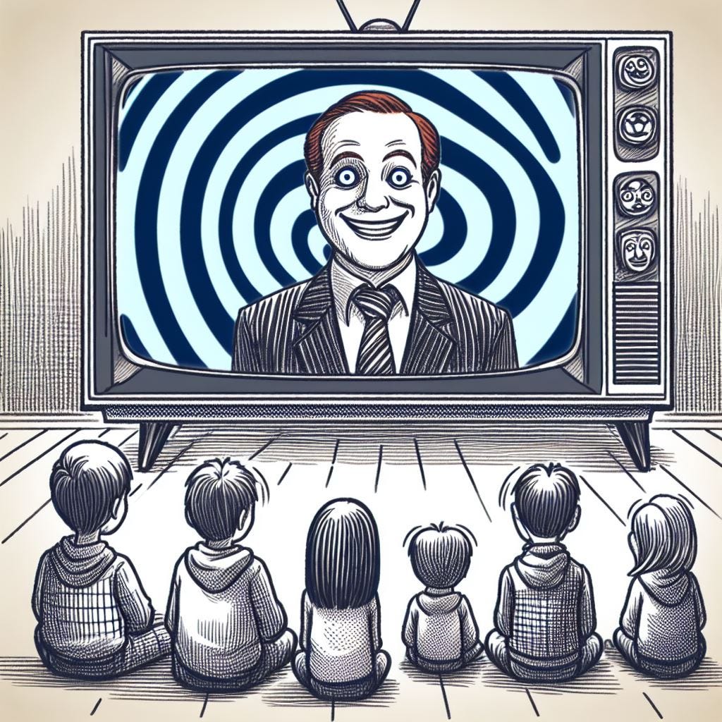 Hypnotized children watching their wizardly friend enchant them on the TV, a.k.a., the Tell-Lie-Vision …