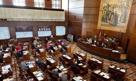 The Oregon senate is seen in session at the state capitol in Salem, Oregon on Thursday.