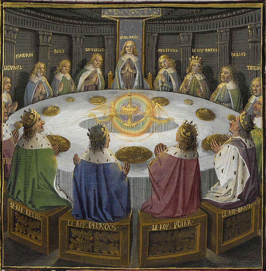 Medieval painting of King Arthur and the Knights of the Round Table, with the Holy Grail. Artist: Évrard d'Espinques in the center of the table