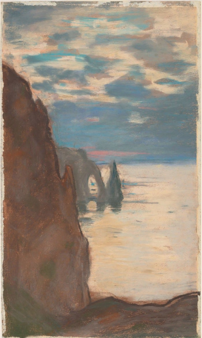 A pastels artwork of the famous coastal rocks in Normandy, one in the shape of a jagged arch