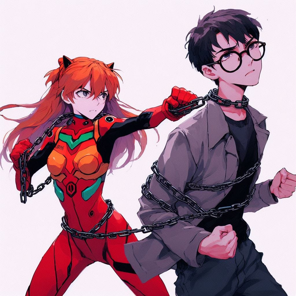 Evangelion screenshot. Two figures are linked together by a chain. Asuka, a young redhead woman wearing a plugsuit, has a chain linking him to a second party in the back of the shot, wrapped around them both. The second figure is a young italian human man with dark hair wearing rectangular glasses and a dark grey jacket. Asuka is punching the man.