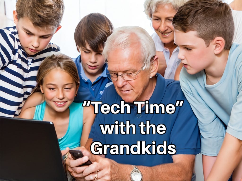 Four middle school grandkids crowd around laptop while grandfather texts a message on his iPhone. Behind the group, grandmother looks on with approval.