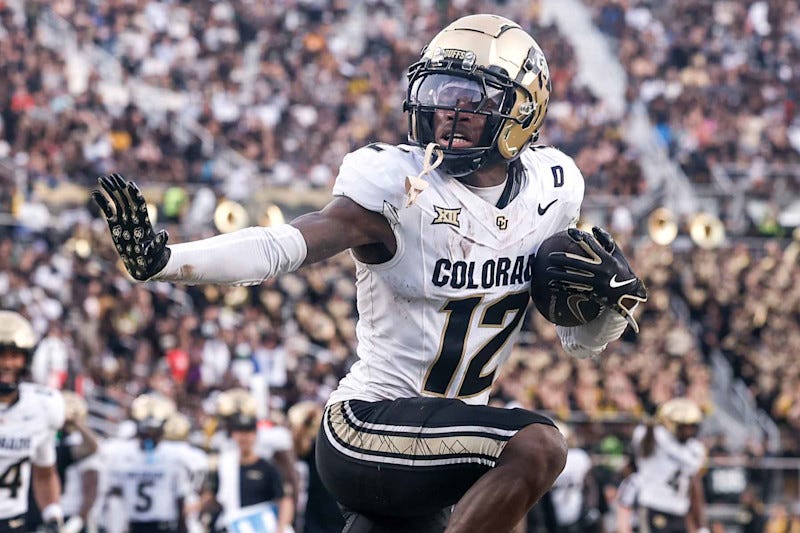 ORLANDO, FL - SEPTEMBER 28: Cornerback Travis Hunter #12 of the Colorado Buffaloes hits the Heisman Pose after making an interception during the game against the UCF Knights at FBC Mortgage Stadium on September 28, 2024 in Orlando, Florida. The Buffaloes defeated the Knights 48 to 21. (Photo by Don Juan Moore/Getty Images)