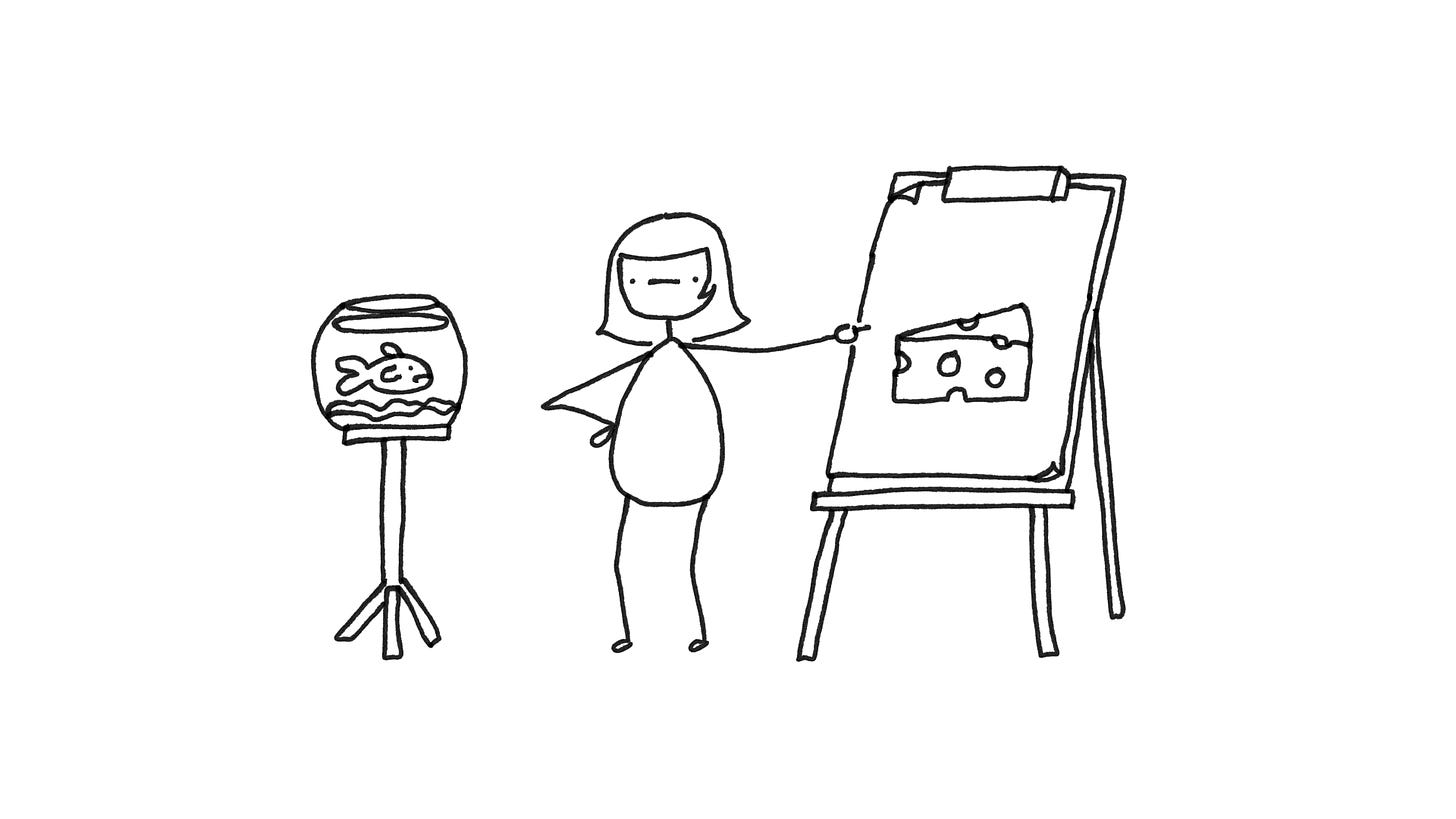 A drawing of someone attempting to explain cheese to a fish. It is not going well for either participant.