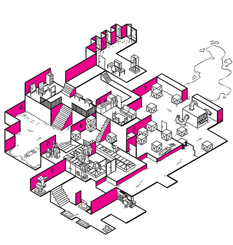 isometric map of a dilapidated android factory, with the walls coloured a bright magenta.