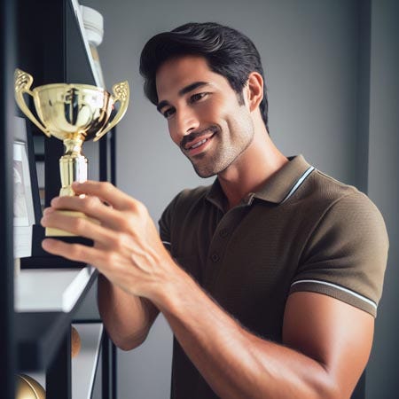 Man putting trophy onto shelf