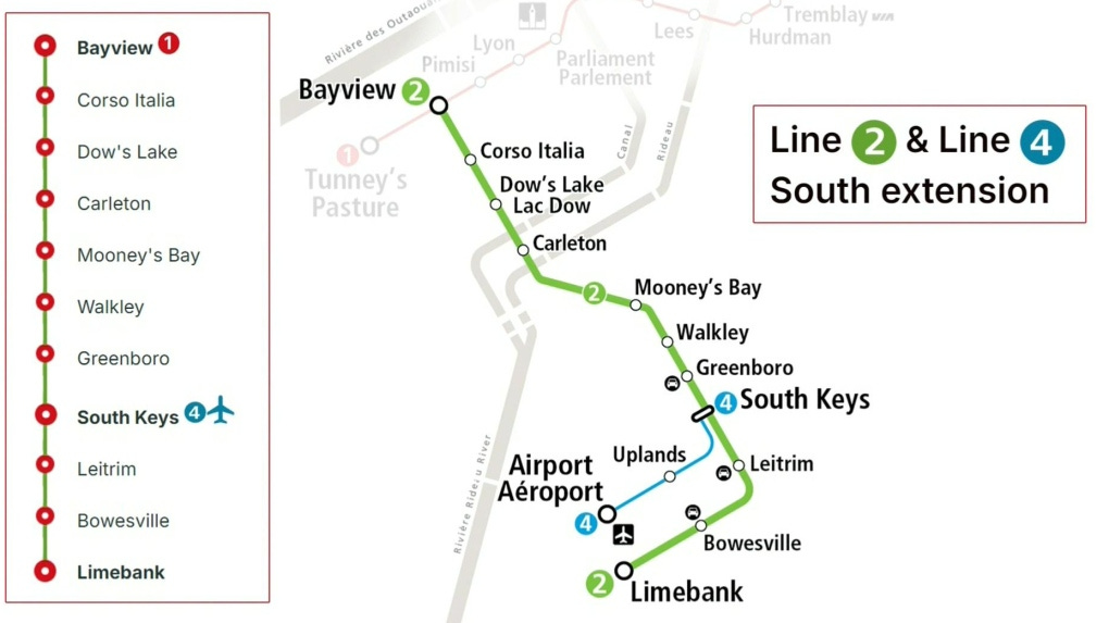 Map showing route and stations for Line 2 and Line 4