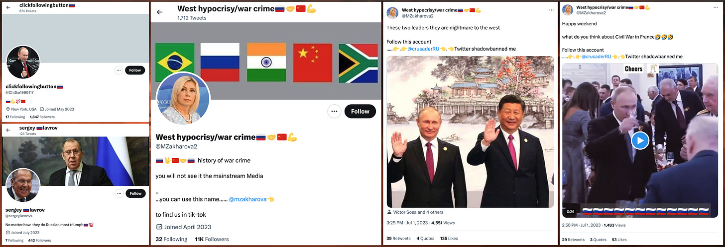 screenshots of the profiles of @ChiIke1990117, @sergeylavrovs, and @MZakharova2, as well as two @MZakharova2 tweets claiming ownership of @crusaderRU