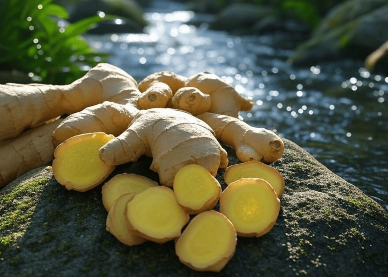 A group of ginger root slices on a rock

Description automatically generated