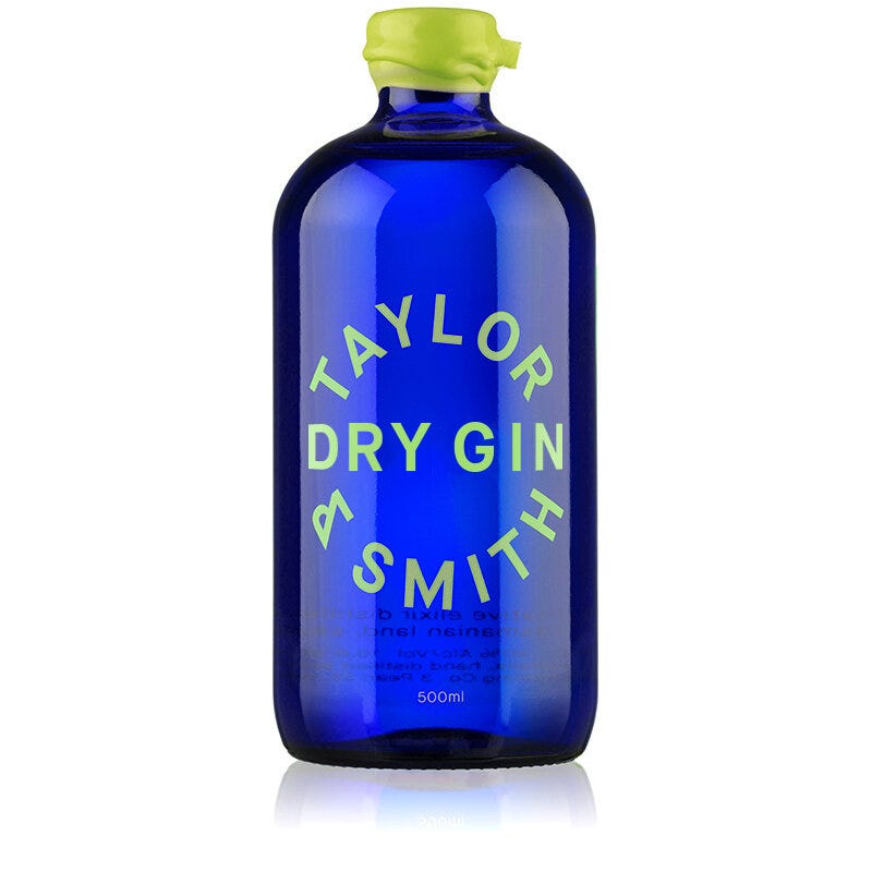 Tasmanian Gin - Taylor and Smith Dry Gin featuring a curved blue glass bottle with lime green print and waxed lid.