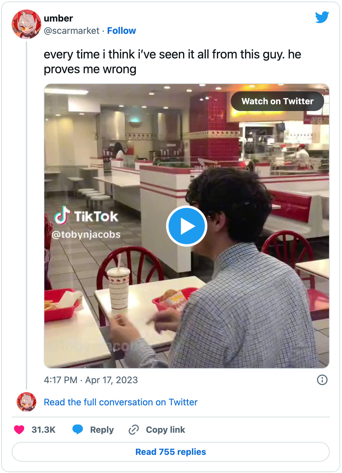 Tweet by @scarmarket: “every time i think i’ve seen it all from this guy. he proves me wrong” with an embedded TikTok that is indescribable, just believe me when I say you should make every effort to watch it. 