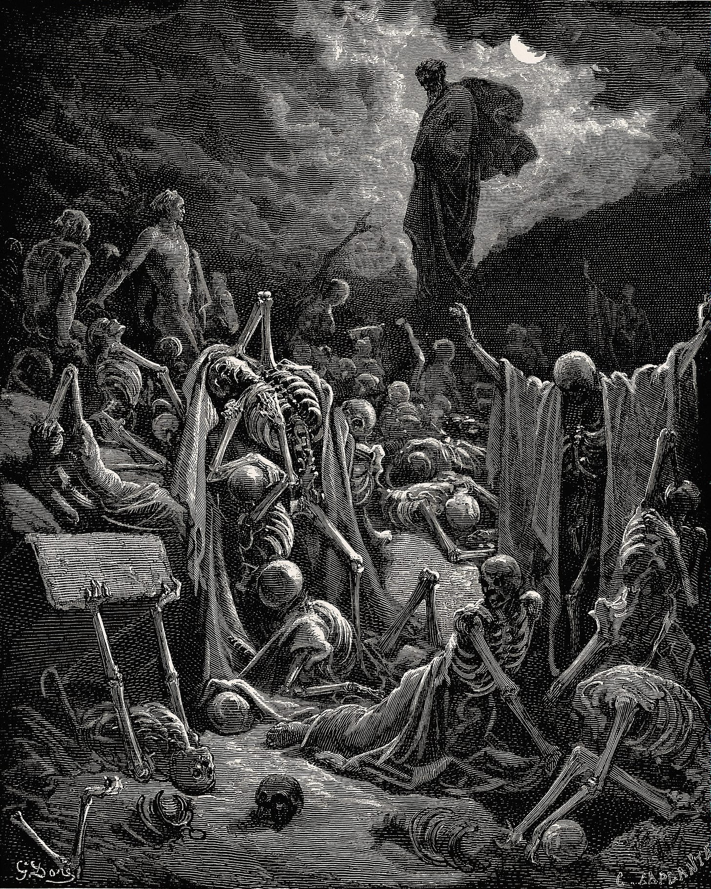 Black-and-white engraving of a valley full of sprawled skeletons in various states of re-animation. Standing over them in the background is the silhouetted figure of a robed, living man.