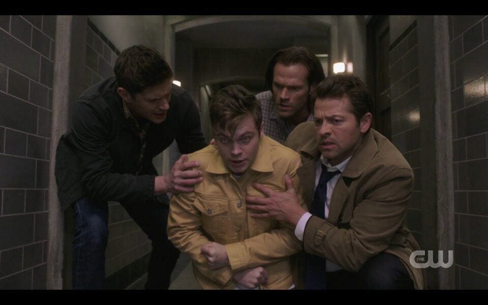 Winchesters and Castiel carry off a collapsed Jack ready to die SPN 1517