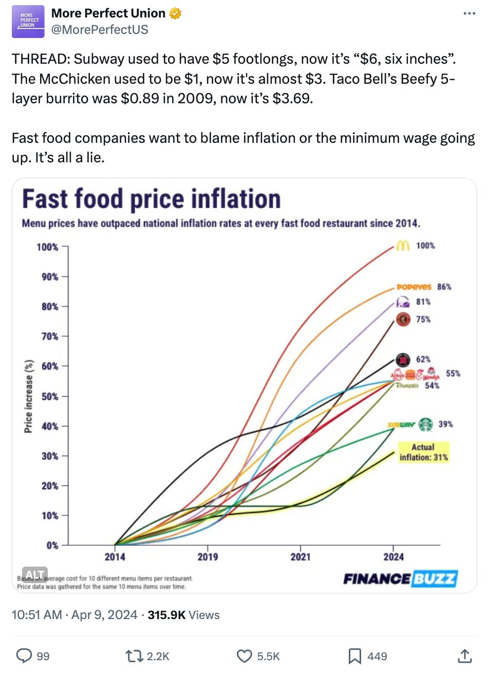 A graph from the new report shows costs rising much faster than inflation at major brands, including Starbucks