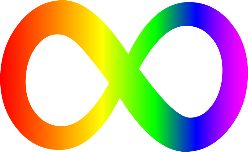A rainbow infinity sign; the symbol for neurodivergence and autism