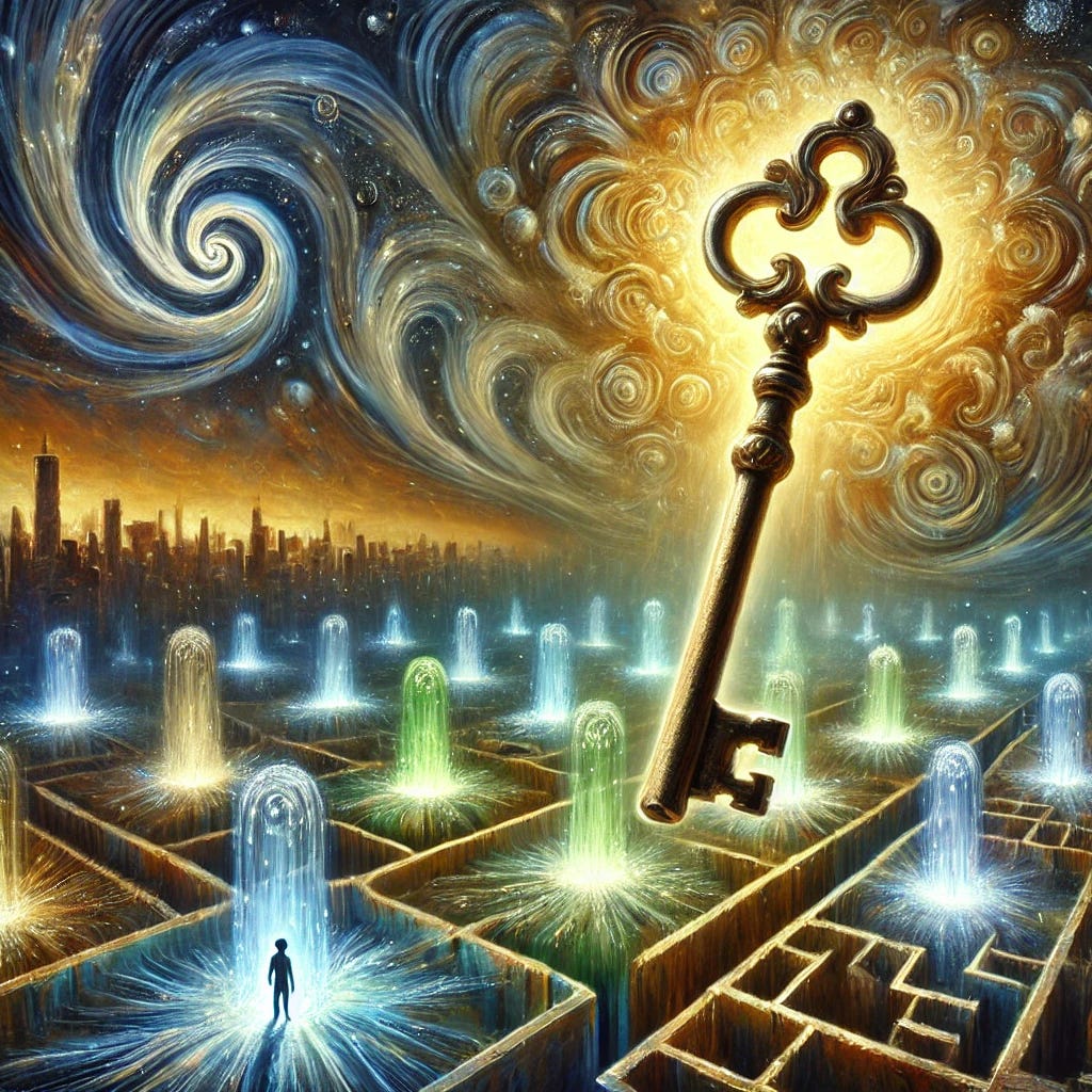 A surreal and expressive oil painting illustrating the concept of a master key representing DMSO. The key, glowing with golden and amber tones, floats in a vast abstract building with luminous doorways symbolizing biological barriers. Each doorway is intricately painted with swirling, vibrant hues of blue, green, and silver, representing healing pathways. The key carries a delicate aura, interacting with smaller keys that glow softly as they move toward their designated locks. In the background, faint shadowy figures symbolize regulatory restrictions and unseen forces limiting the key’s potential. The scene is richly textured with bold, dynamic brushstrokes, blending elements of nature and innovation in a harmonious, energetic composition.