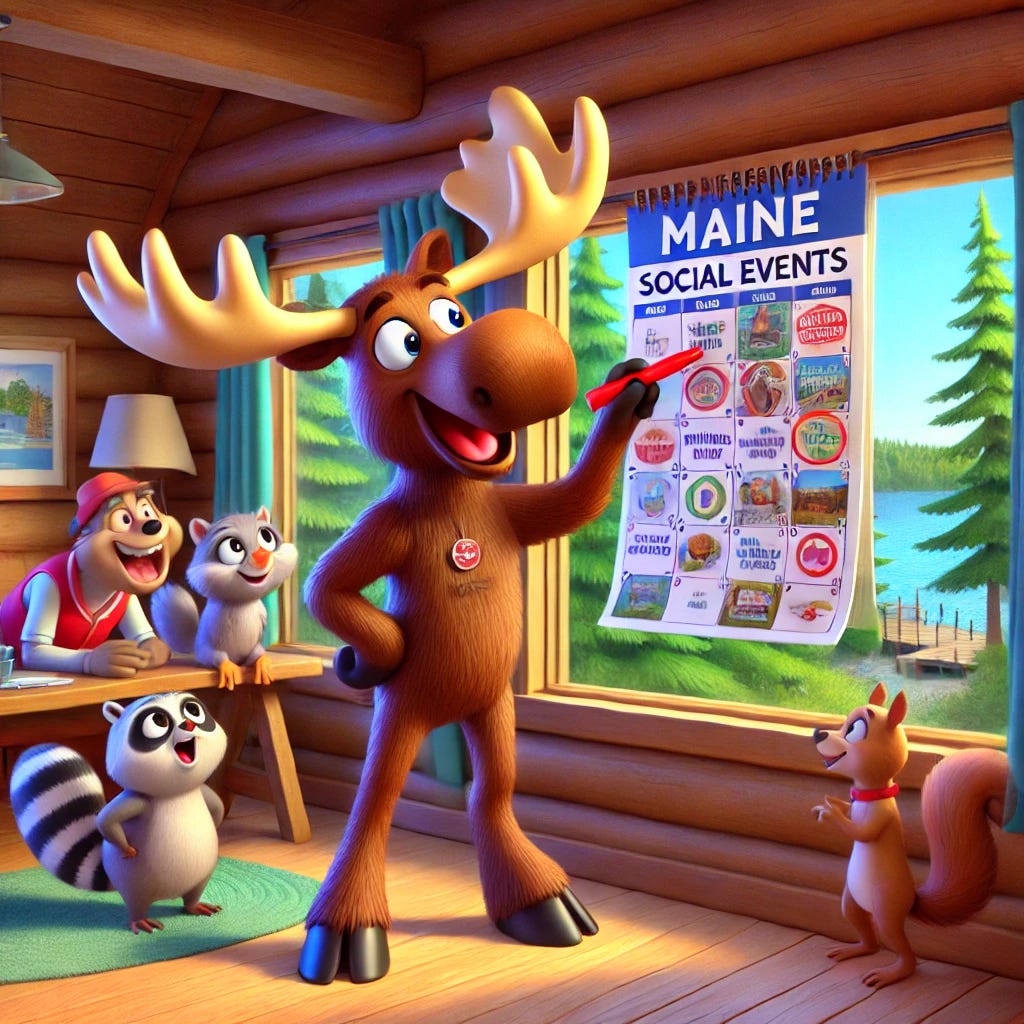 A cheerful, cartoonish moose named Baxter, in a Pixar-inspired 3D style, is standing on two legs inside a cozy cabin in Maine. He is surrounded by his woodland friends—a friendly raccoon, a playful squirrel, and a curious owl—all excitedly looking at a colorful calendar filled with social events like local hikes, festivals, and wildlife tours. Baxter is holding a red marker, eagerly circling the events. Outside the window, pine trees and a lake are visible, reflecting the beauty of Maine. The mood is fun and lively, with everyone sharing in the excitement. The style is colorful, smooth, and expressive, capturing the playful energy of the woodland scene.