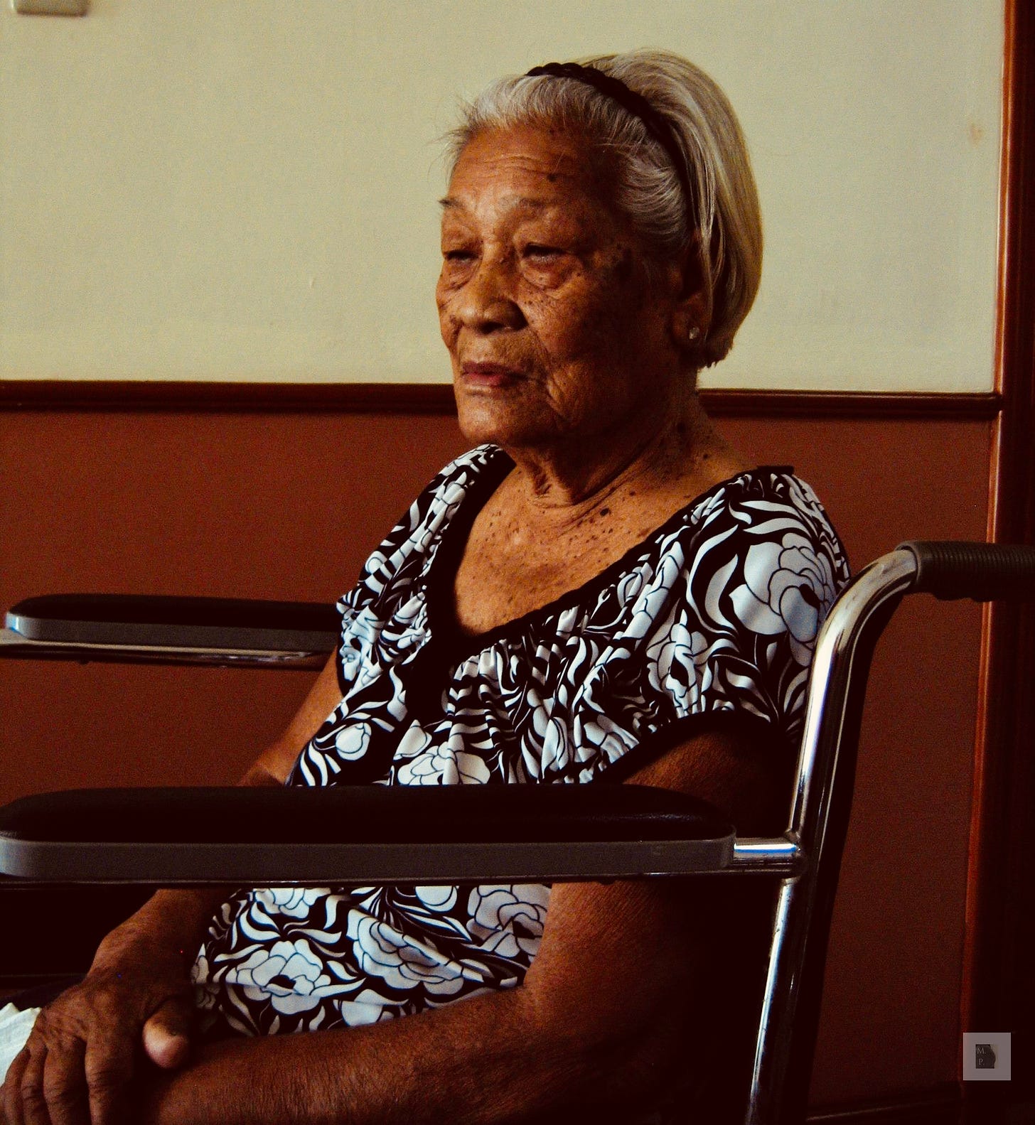 The poet's mother in repose, and the photo is entitled, "Mom in Repose," it features a very old, wrinkly woman with gray, thin hair in a meditative posture. She has a slight smile on her face. The picture is very warm. This is a picture of the author's mother when she was getting out of the hospital in Manila in 2014. 