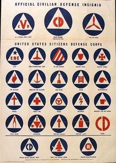 This may contain: the official civil defense insignia is shown in red and blue