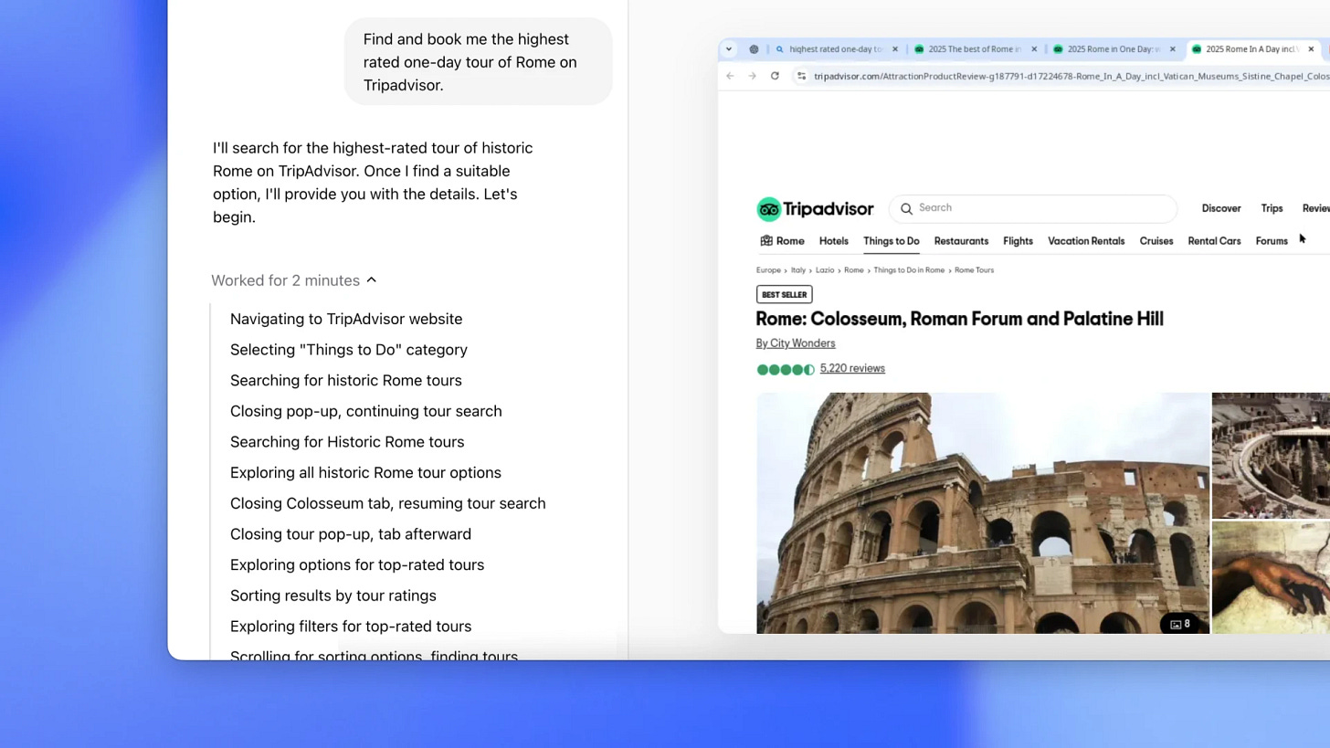 A imagem mostra uma solicitação de usuário para encontrar e reservar o tour de um dia mais bem avaliado de Roma no TripAdvisor. Inclui um resumo do processo de busca e uma página da web do TripAdvisor exibindo um tour "Best Seller": "Roma: Coliseu, Fórum Romano e Monte Palatino".