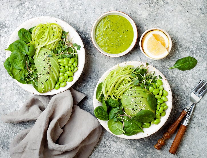 Vegan, Detox Bowl With Avocado, Spinach, Micro Greens, Edamame Beans, Zucchini Noodles