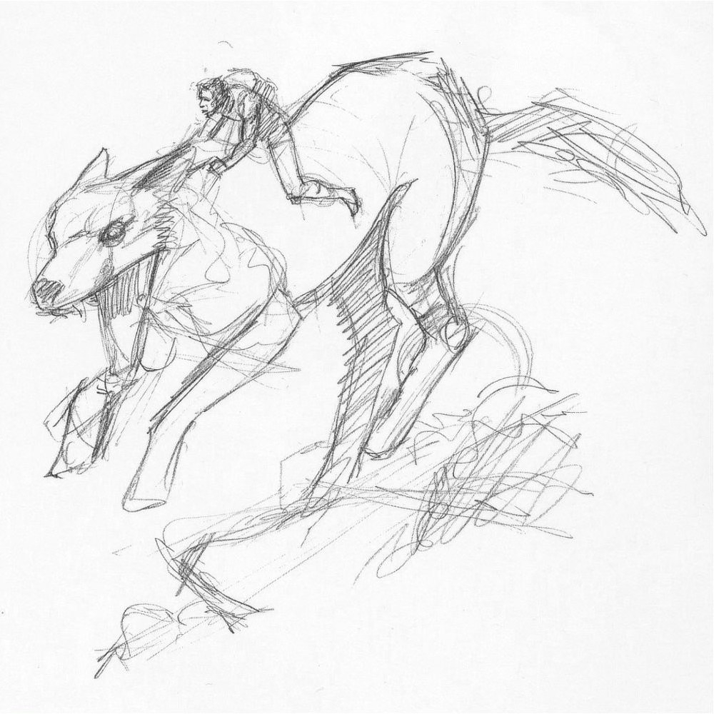 Loose pencil sketch for JOURNEY BEHIND THE WIND featuring a man riding on the back of a huge wolf.