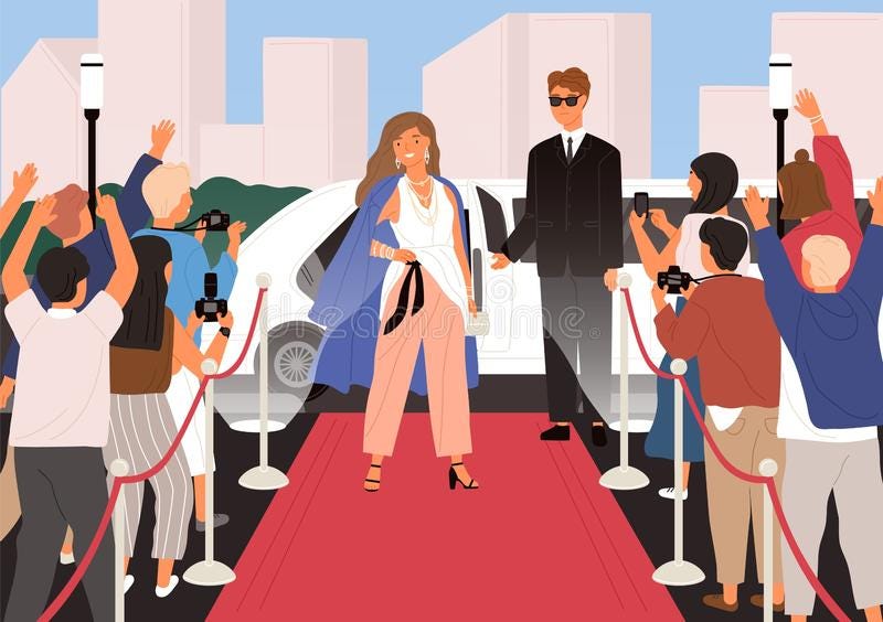 Elegant young beautiful woman, female celebrity, movie star or superstar posing in front of photographers during red vector illustration