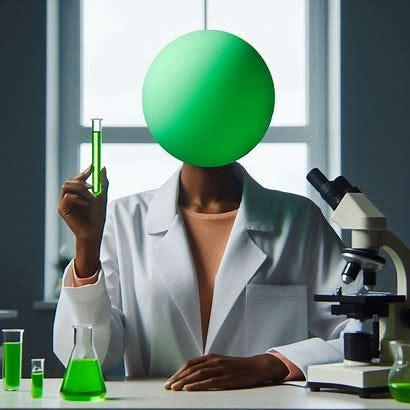 Photo of a bald African-American woman wearing a white lab coat and standing at a lab bench, holding a test tube of bright green liquid. There is also a microscope on the table. The woman doesn't have a head but instead has a basic bright neon green sphere in its place. 