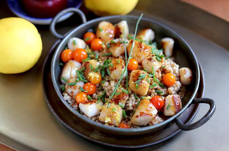 Simple Sauteed Bay Scallops with a Citrus Pan Sauce and Cherry Tomatoes over Maftoul, Cook the Vineyard