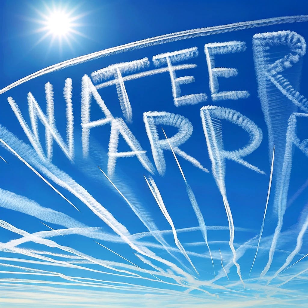 Generate a large, photorealistic image of the sky, with chemtrails clearly and completely spelling out "WATER VAPOR". The background should be a vivid blue sky, providing a strong contrast to the crisp, white chemtrails. The chemtrails should be meticulously arranged to form each letter of "WATER VAPOR" with precision, ensuring the words are easily legible and prominent against the sky. This scene captures a perfect day with the distinct message formed by airplane trails, merging the breathtaking beauty of a clear sky with a deliberate human message.