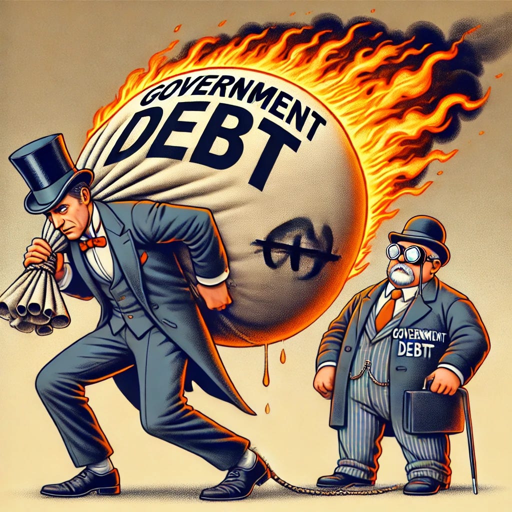 An illustration depicting an investor struggling to carry a heavy and oversized sack labeled 'Government Debt,' which is on fire with bright, intense flames. The investor appears even more strained and desperate under the weight of the burning bag. To the side, a government bureaucrat wearing a suit, top hat, and monocle watches calmly with a composed, indifferent expression. The bureaucrat's posture suggests nonchalance or slight amusement. The scene is set in a neutral background with a hint of a formal government office environment, emphasizing the seriousness of the situation with vivid colors and dramatic flames.