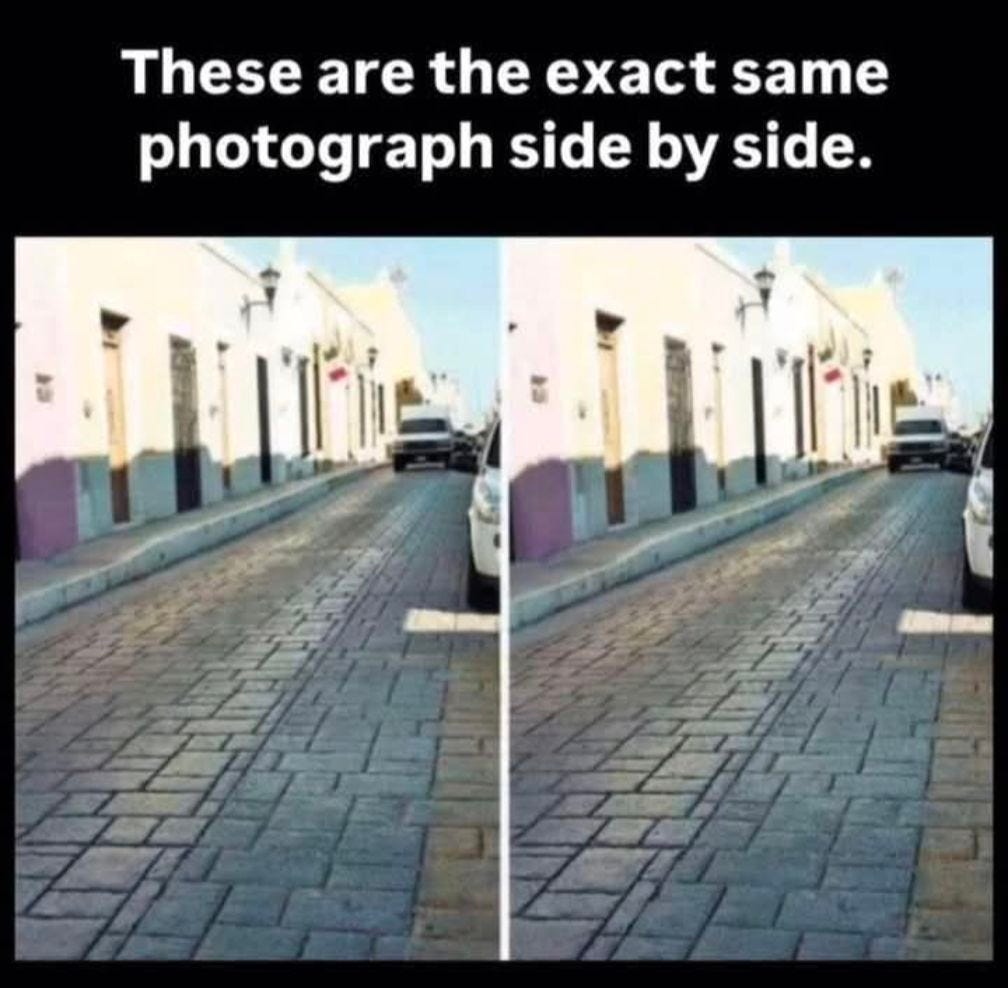 Two images of a street running diagonally, both images identical, but because of the Leaning Tower Illusion effect, the street in picture on the right looks like it's running at a more acute angle than the one on the left.