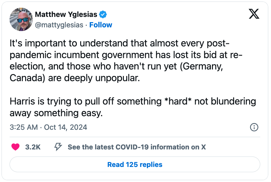 October 14, 2024 tweet by Matthew Yglesias reading, "It's important to understand that almost every post-pandemic incumbent government has lost its bid at re-election, and those who haven't run yet (Germany, Canada) are deeply unpopular.   Harris is trying to pull off something *hard* not blundering away something easy."