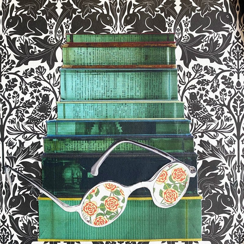 A collage image created by Helen Sword depicting a monochrome wallpaper background with a green-hued stack of books and reading glasses with roses on the lenses