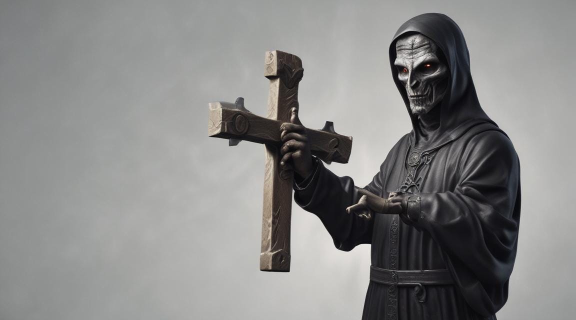 scary evil person holding a cross